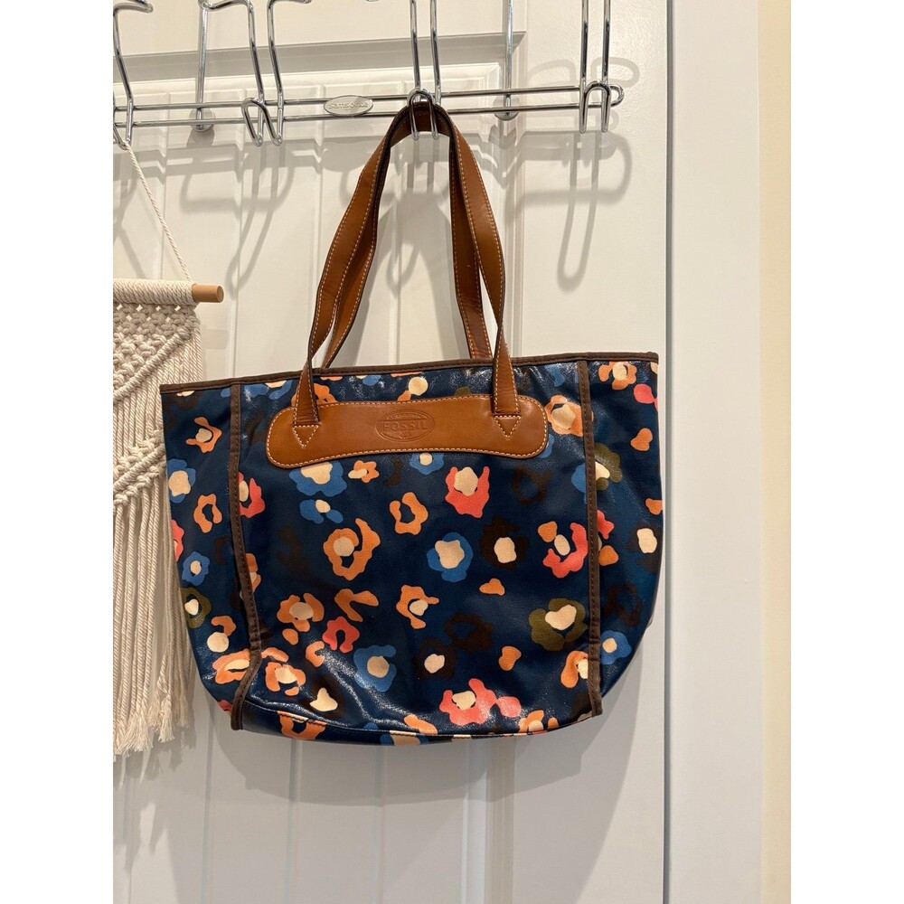 Fossil Keyper Tote Navy Blue Floral Coated Canvas Zipper Double Leather Handles
